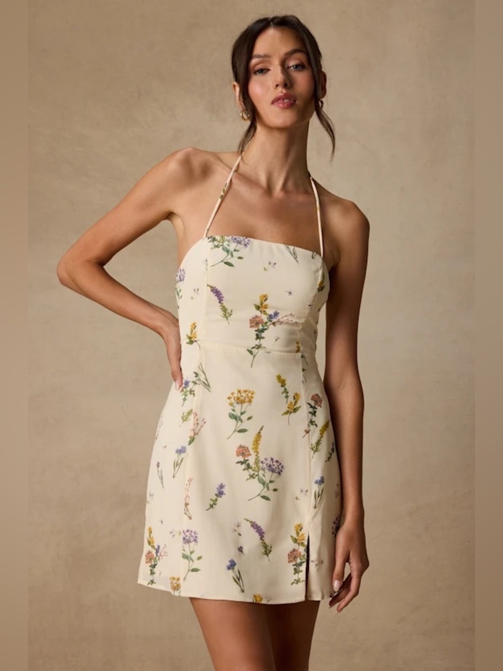 Lulus Catch the Bouquet Cream Floral Halter Lace-Up Mini Dress w/Slit Size Med